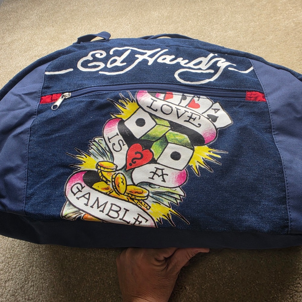 Ed Hardy Blue Canvas Duffel Bag Love is a Gamble Tattoo Graphic Y2K Travel Bag